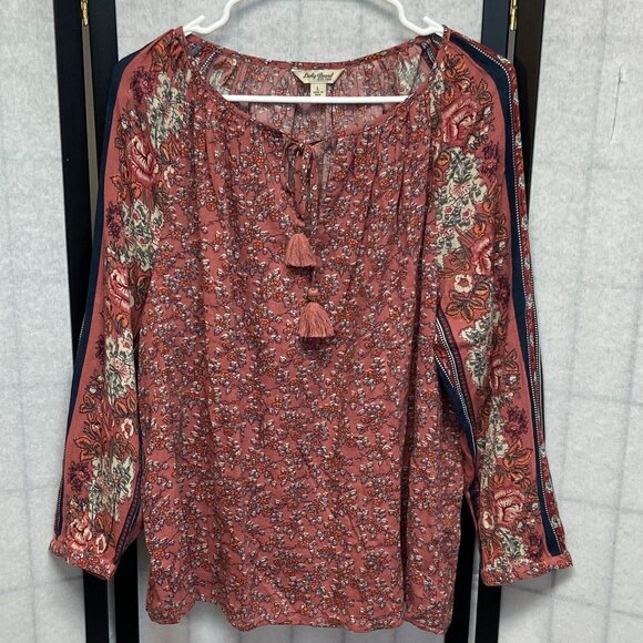 Lucky Brand Tops - Long Raglan Sleeve Peasant Gathered Neck Front Tie Blouse Rust Pink Lucky Brand